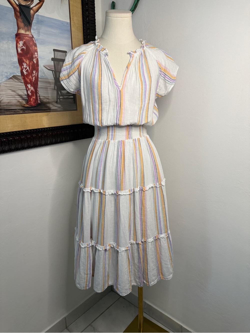 Rails White Midi Dress with Pastel Stripe Detail